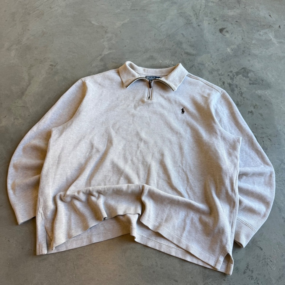 Polo Ralph Lauren Mens XL Quarter Zip Pullover Beige Cotton Ribbed Sweater